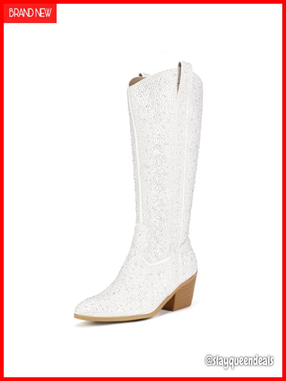 Women's Knee High Western Boots Pointed Toe Block Heel Rhinestone Zip